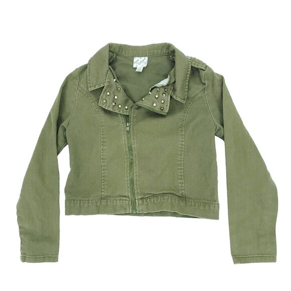 Disney D-Signed Jacket Girls Medium Army Green Studded Collar Full Zip Cropped - Picture 1 of 9